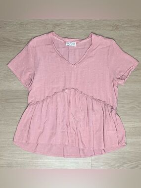 June & Ivy Women’s Pink V-Neck Peplum Short Sleeve Top